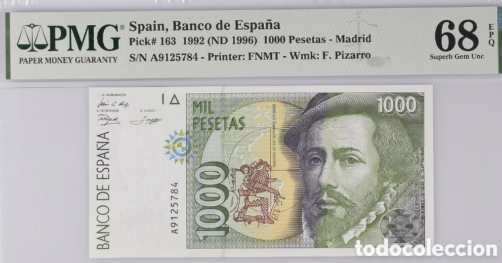 Billetes espa&ntilde;oles: Billete 1000 PESETAS 12 de Octubre 1992, PMG 68 EPQ, serie A