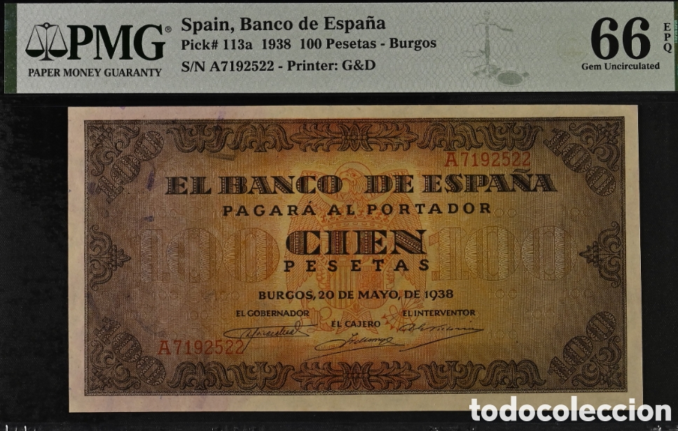 Billetes espa&ntilde;oles: Billete 100 PESETAS 1938 -BURGOS- PMG 66 EPQ, serie A