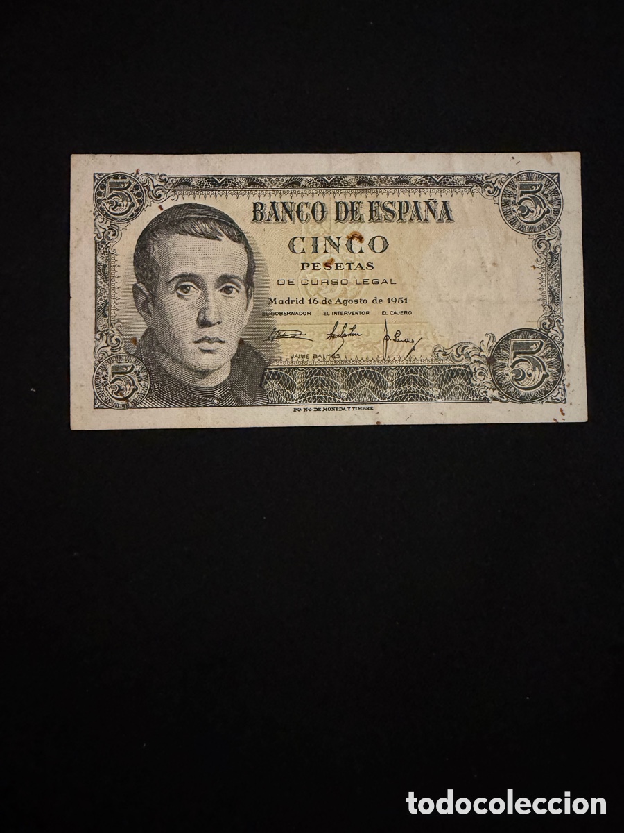 Spanische Banknoten: Billete de 5 PESETAS de 1951- Serie 1D- JAIME BALMES