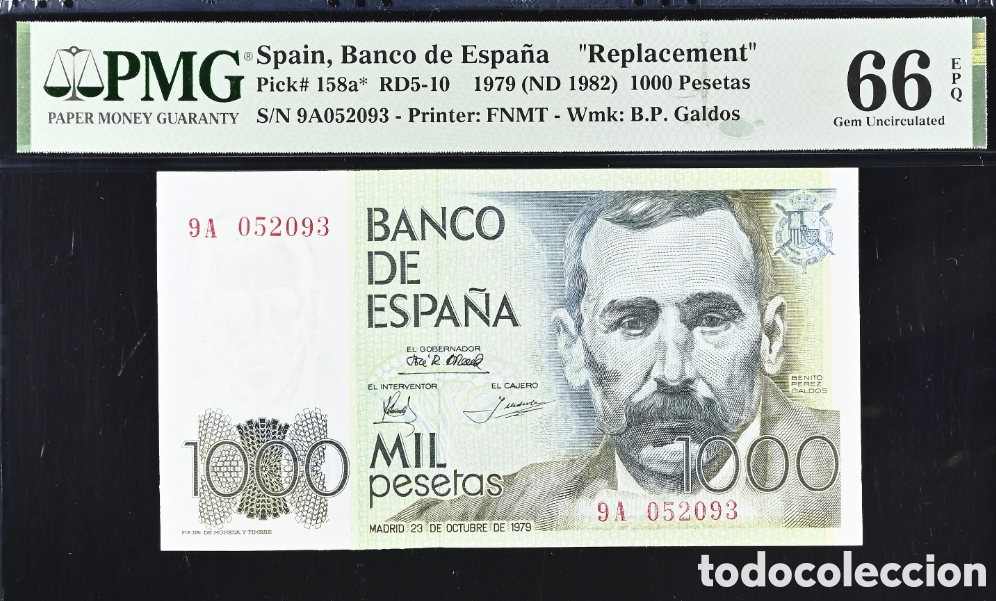 Billetes espa&ntilde;oles: Billete 1000 PESETAS 1979 - P&Eacute;REZ GALD&Oacute;S- PMG 66 EPQ, serie especial 9A