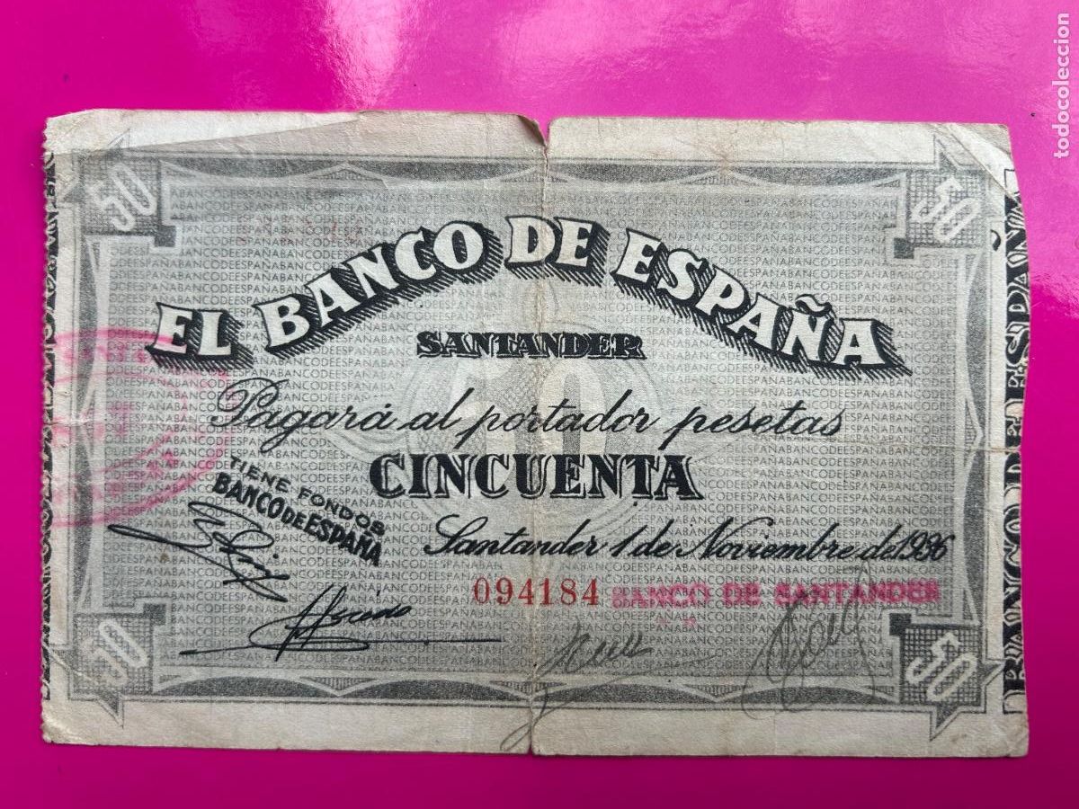 Spanische Banknoten: 50 Pesetas 1936 Banco de Espa&ntilde;a- Santander 094184 RC-