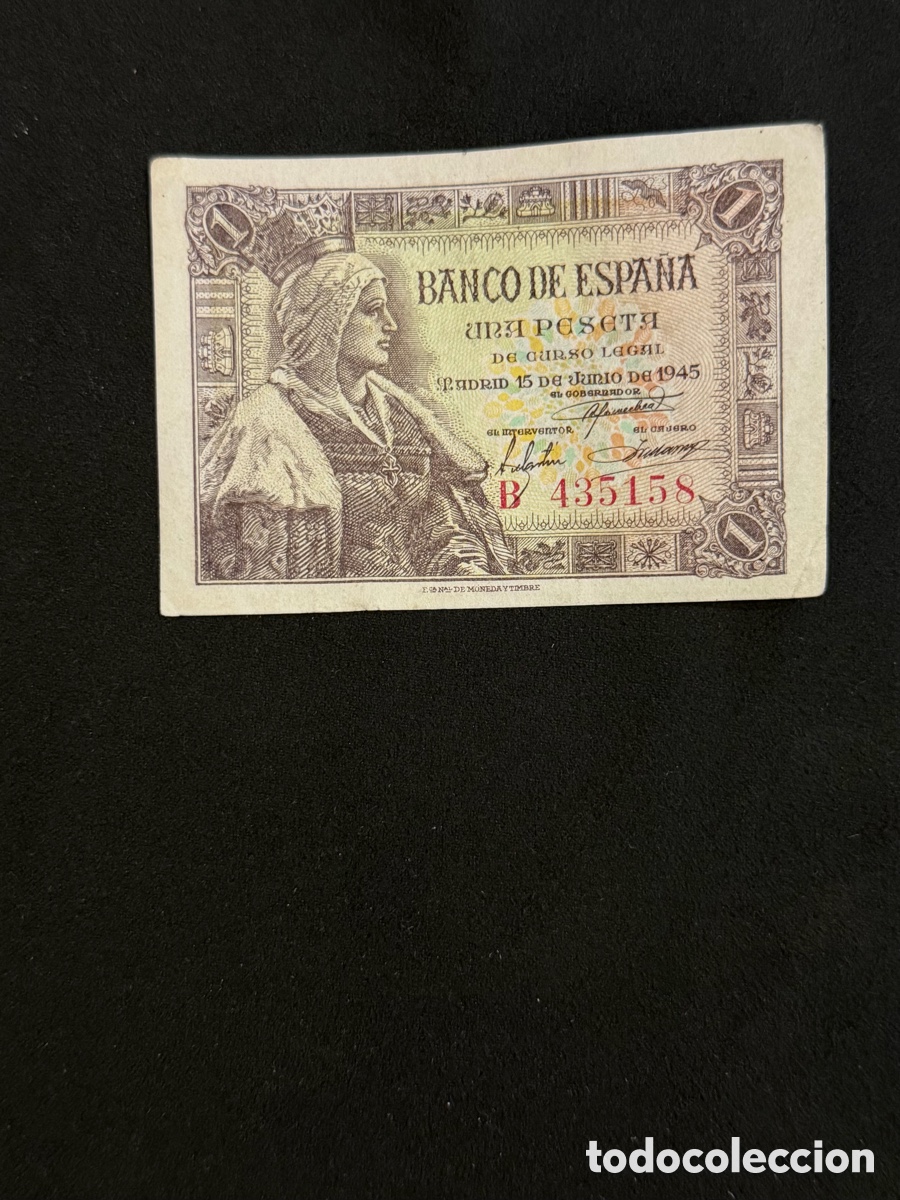 Notas espanholas: Billete de 1 PESETA de 1945- Serie B. OJO solo 6 d&iacute;gitos)