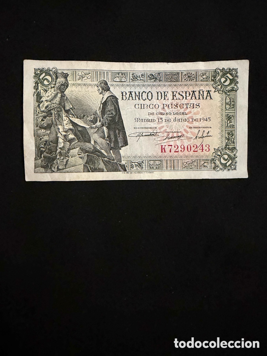 Notas espanholas: Billete de 5 PESETAS de 1945- Serie K. (CAPITULACIONES)