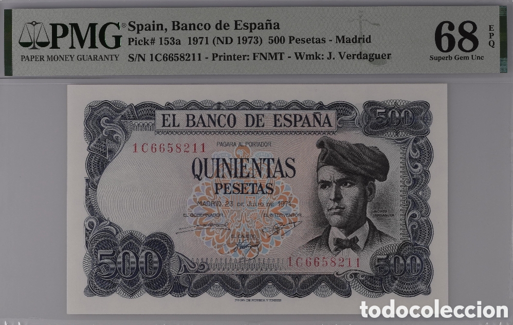 Billetes espa&ntilde;oles: Billete 500 PESETAS 1971 -J. VERDAGUER- PMG 68 EPQ, serie 1C