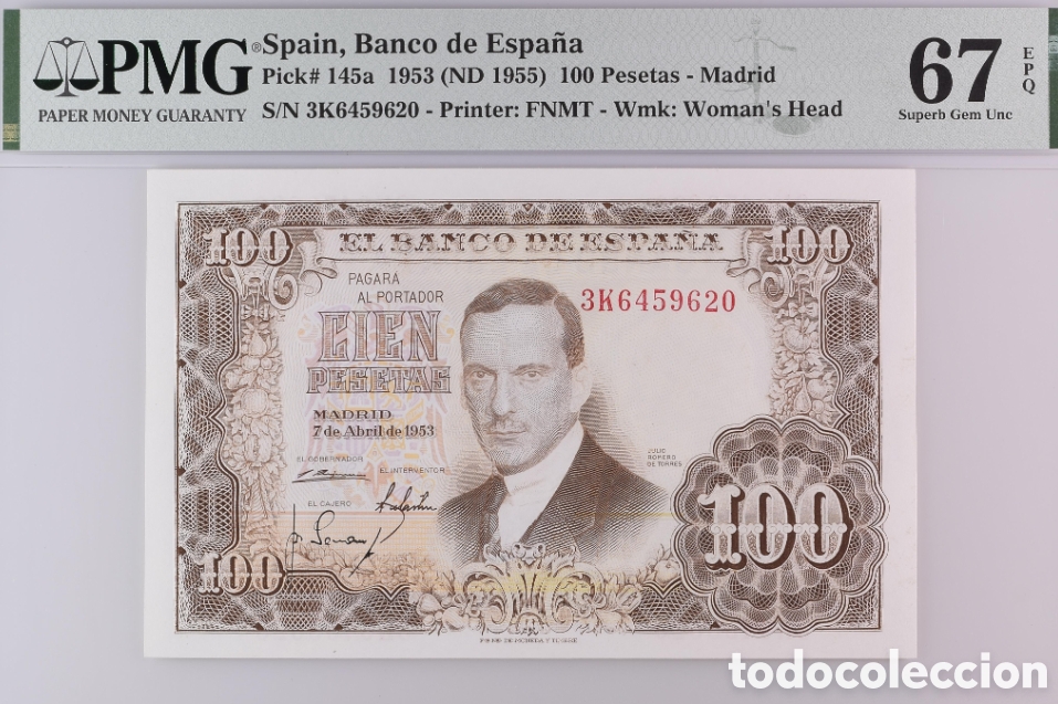 Billetes espa&ntilde;oles: Billete 100 PESETAS 1953 -JULIO ROMERO- PMG 67 EPQ, serie 3K
