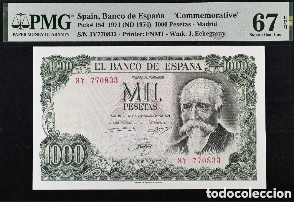 Billetes espa&ntilde;oles: Billete 1000 PESETAS 1971-JOSE ECHEGARAY- PMG 67 EPQ, serie 3Y