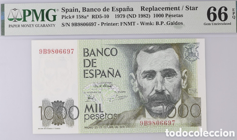 Billetes espa&ntilde;oles: Billete 1000 PESETAS 1979 -PEREZ GALD&Oacute;S- PMG 66 EPQ, serie especial 9B