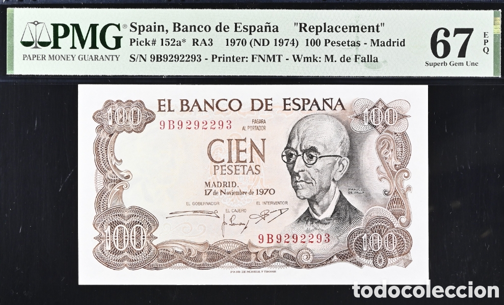 Billetes espa&ntilde;oles: Billete 100 PESETAS 1970 -MANUEL DE FALLA- PMG 67 EPQ, serie de sustituci&oacute;n 9B