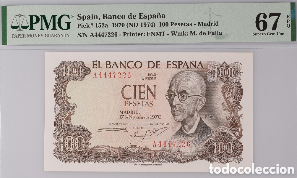 Billetes espa&ntilde;oles: Billete 100 PESETAS 1970 -MANUEL DE FALLA- PMG 67 EPQ, serie A