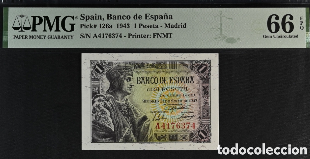 Billetes espa&ntilde;oles: Billete 1 PESETA 1943 -FERNANDO EL CAT&Oacute;LICO- PMG 66 EPQ, serie A