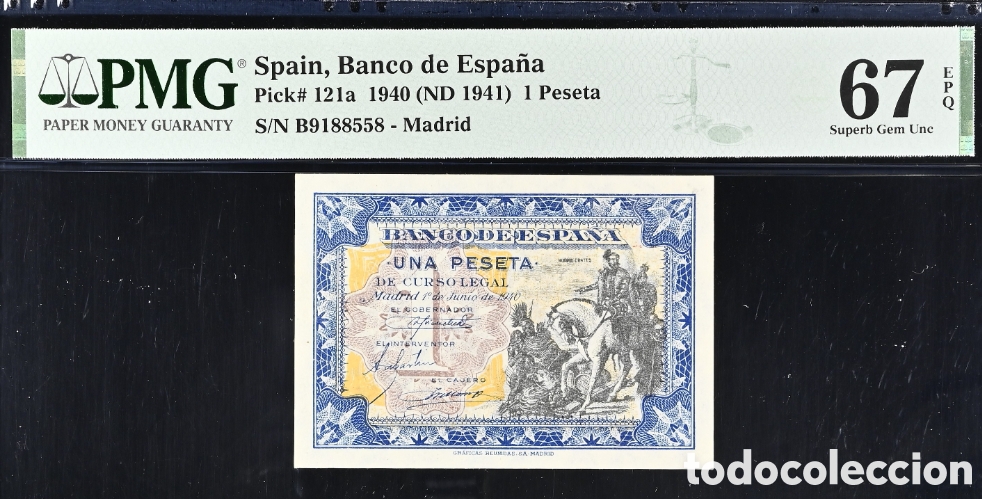 Billetes espa&ntilde;oles: Billete 1 PESETA 1940 -HERNAN CORTES- PMG 67 EPQ, serie B