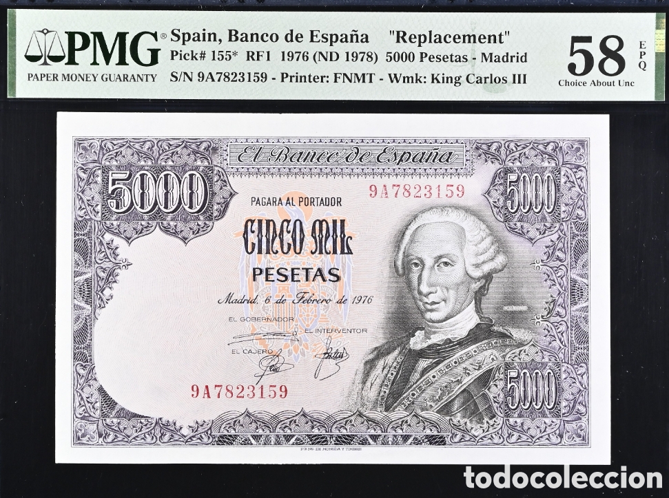 Billetes espa&ntilde;oles: Billete 5000 PESETAS 1976 -CARLOS III- PMG 58 EPQ, serie especial 9A