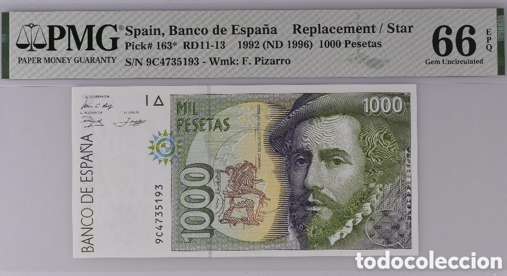 Billetes espa&ntilde;oles: Billete 1000 PESETAS 12 de Octubre 1992 PMG 66 EPQ, serie 9C