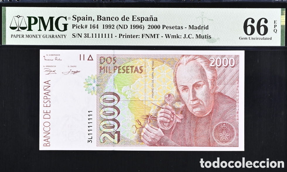 Billetes espa&ntilde;oles: Billete 2000 PESETAS -CELESTINO MUTIS- PMG 66 EPQ, 3L 1111111, capic&uacute;a s&oacute;lido, Sold #1's