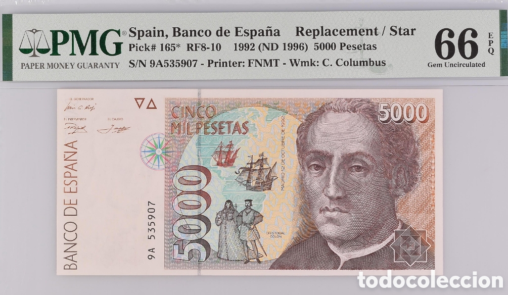 Billetes espa&ntilde;oles: Billete 5000 PESETAS 1992 -COLON- PMG 66 EPQ, serie especial 9A