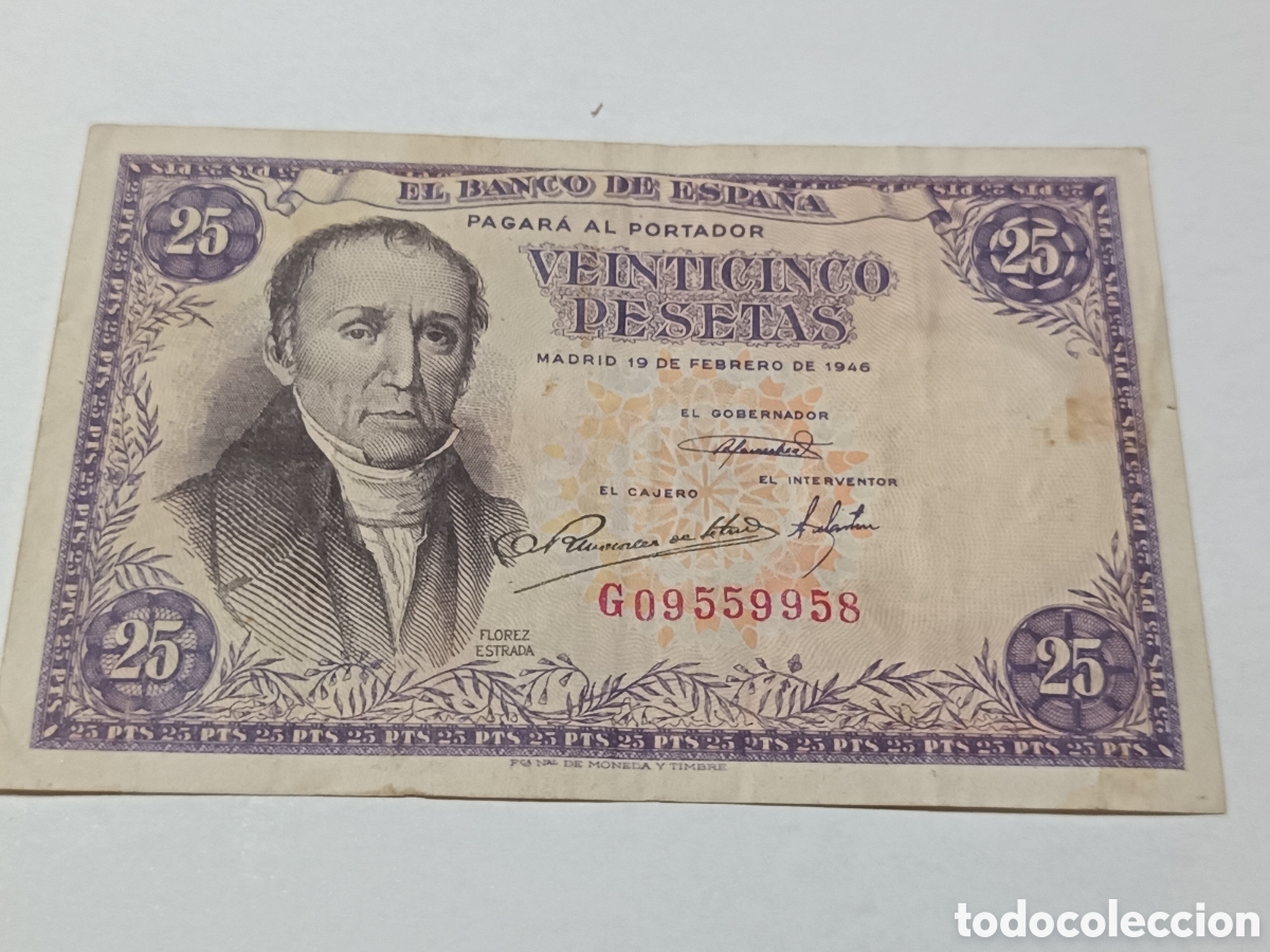 Spanische Banknoten: 25 PESETAS DE 1946, FLOREZ ESTRADA, ORIGINAL, CIRCULADO