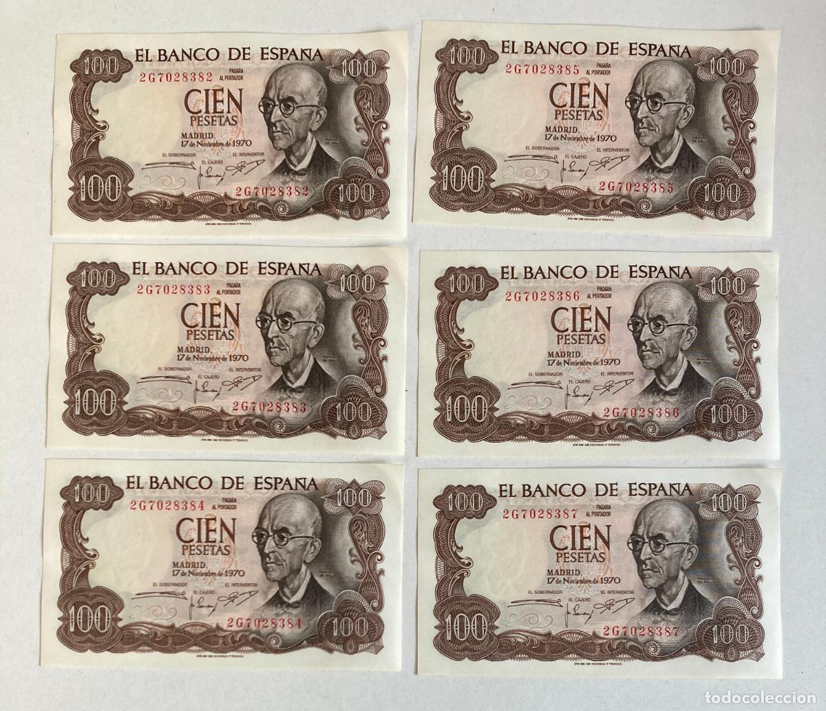 Billetes espa&ntilde;oles: Cien pesetas Manuel de Falla, 6 billetes correlativos sin circular, 1970