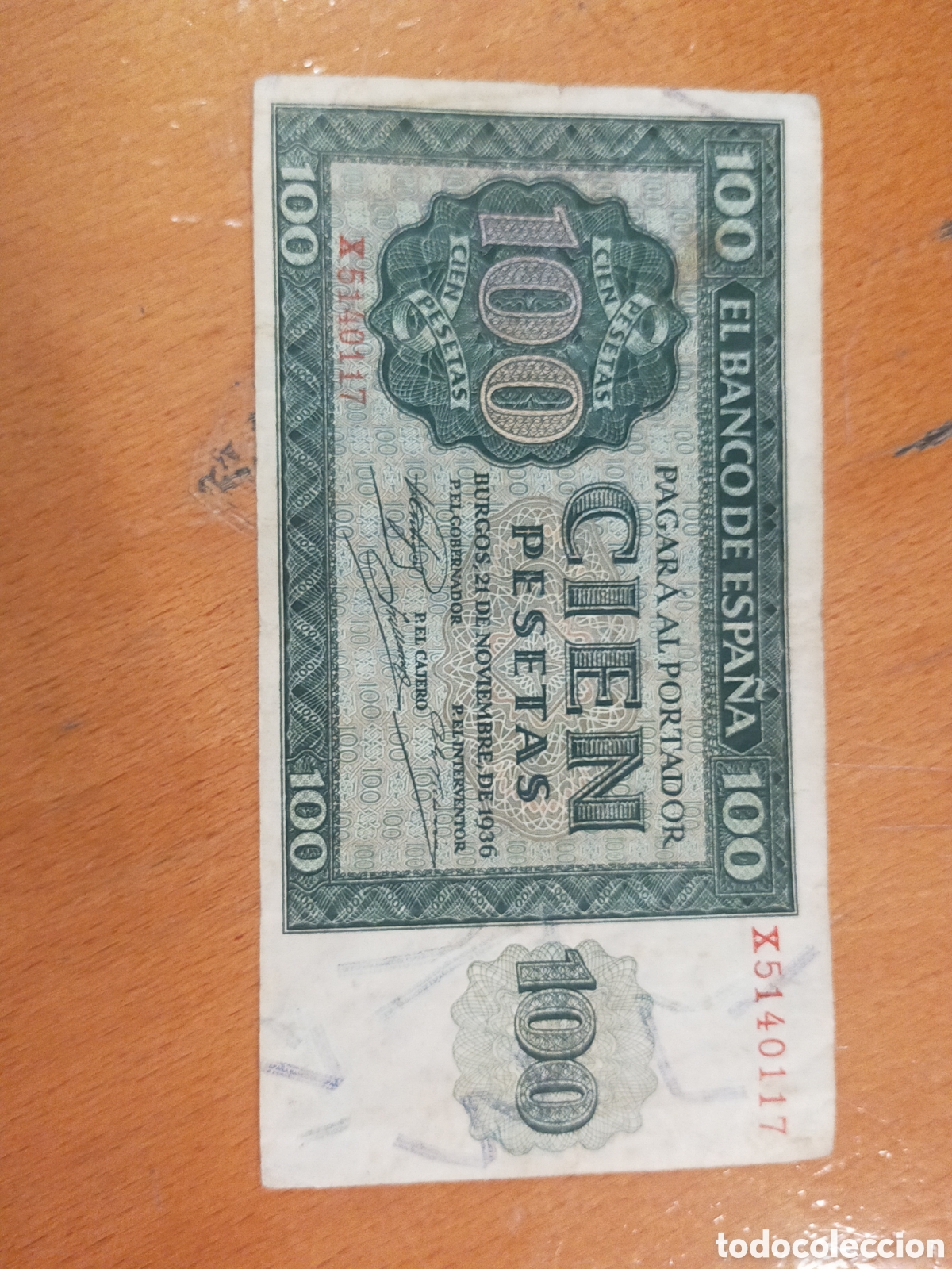 Billetes espa&ntilde;oles: billete hist&oacute;rico de 100 pesetas emitido en Burgos el 21 de noviembre de 1936, Guerra Civil