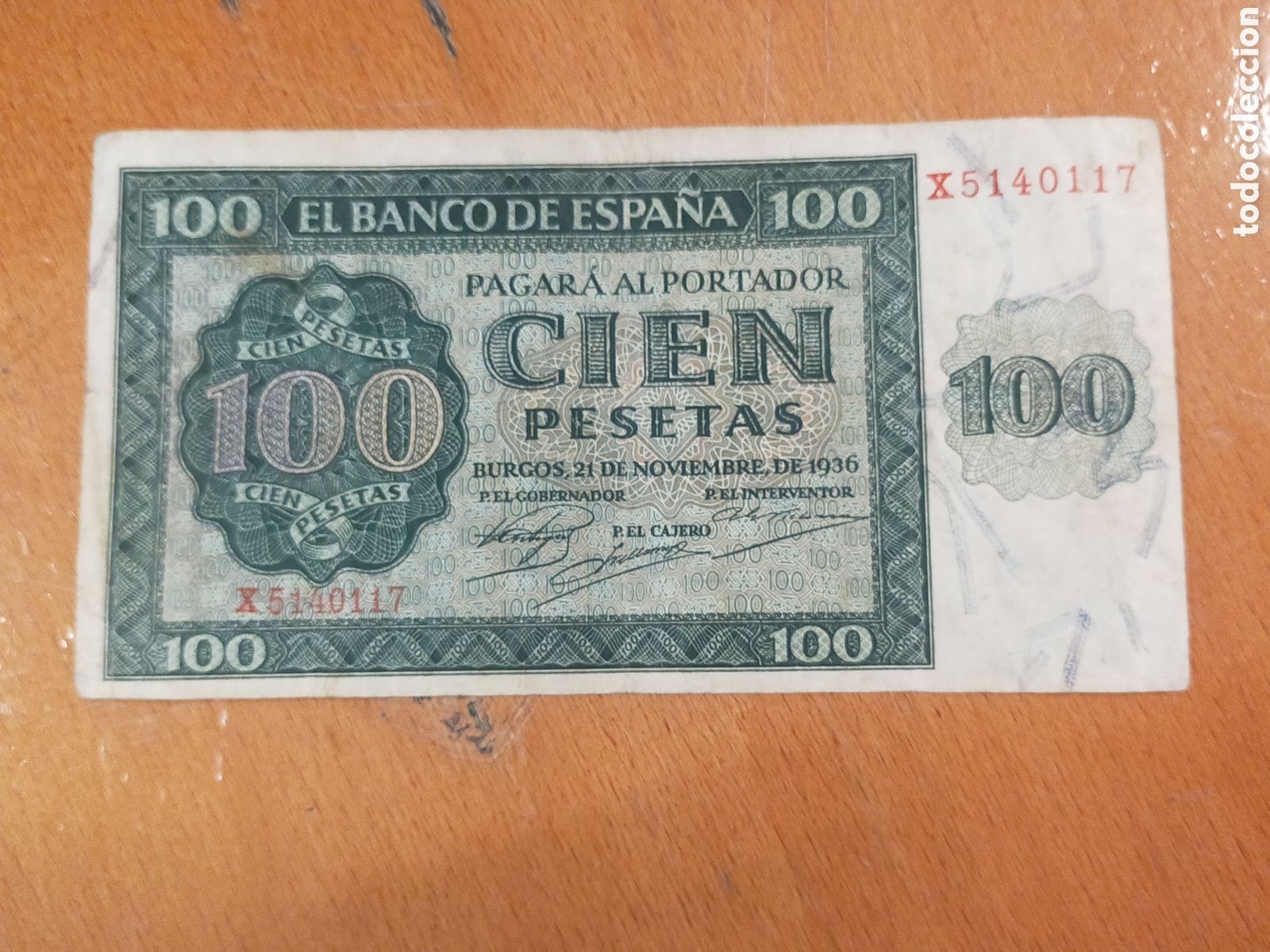 Billetes espa&ntilde;oles: billete hist&oacute;rico de 100 pesetas emitido en Burgos el 21 de noviembre de 1936, Guerra Civil