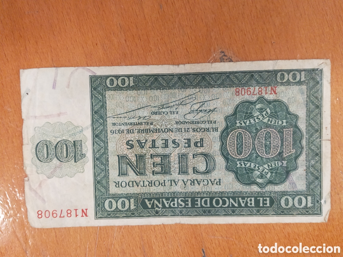 Banconote spagnole: billete hist&oacute;rico de 100 pesetas emitido en Burgos el 21 de noviembre de 1936, durante la Guerra Civ