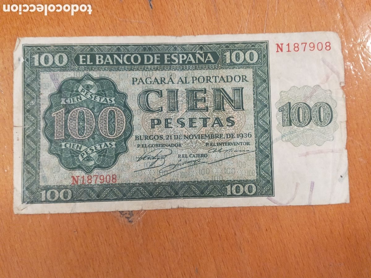 Billetes espa&ntilde;oles: billete hist&oacute;rico de 100 pesetas emitido en Burgos el 21 de noviembre de 1936, durante la Guerra Civ