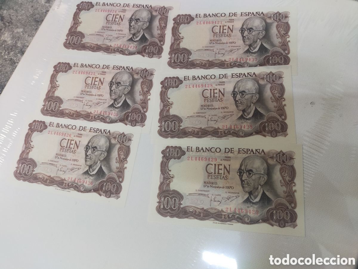 Billetes espa&ntilde;oles: 6 billetes cien pesetas Manuel de falla series correlativas