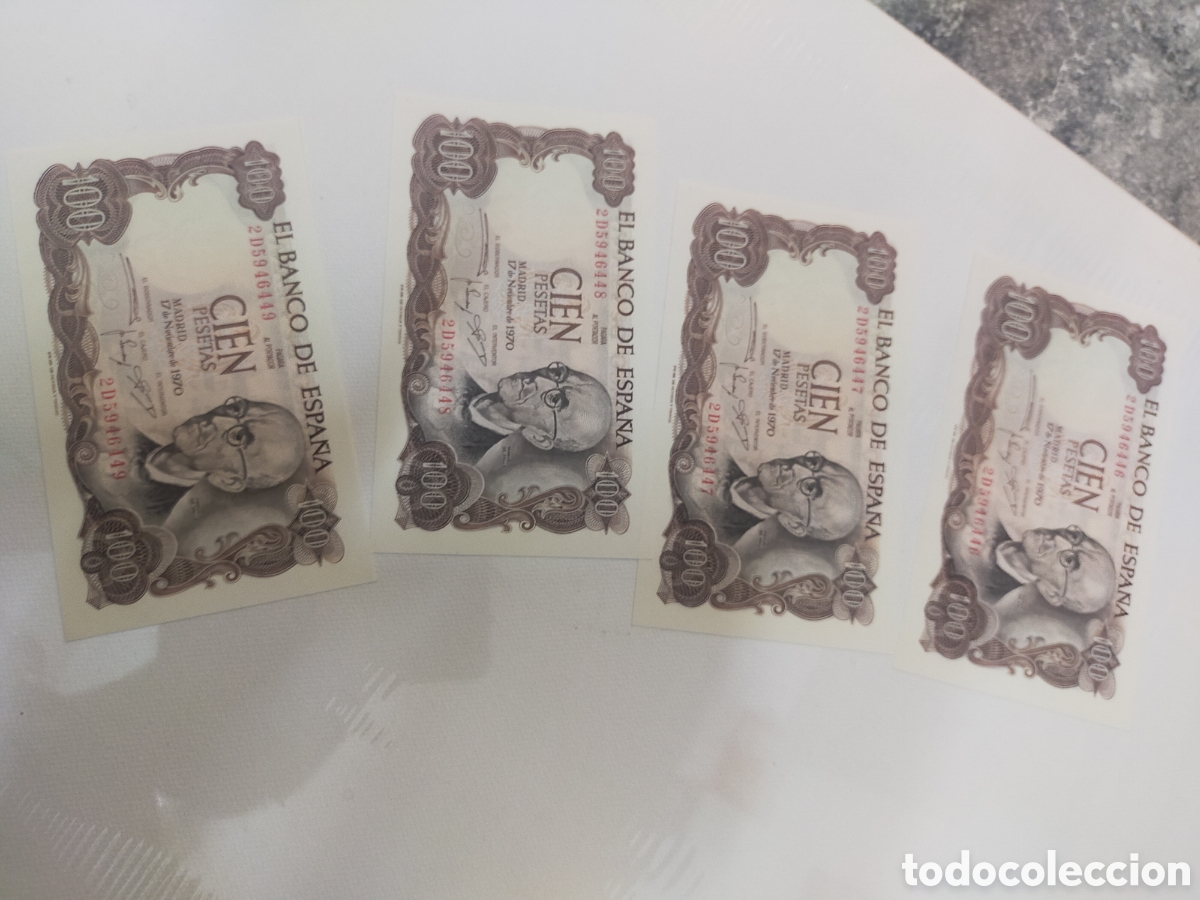 Billetes espa&ntilde;oles: 4 billetes cien pesetas Manuel de falla series correlativas