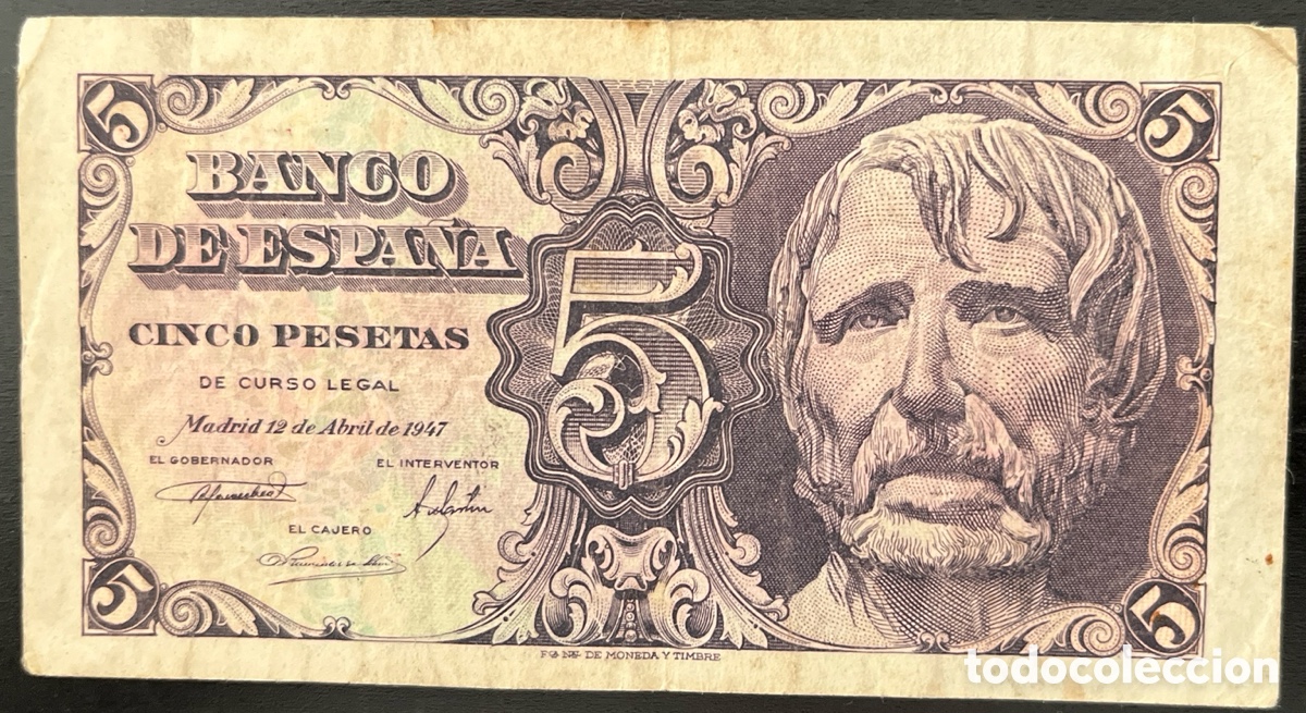 Billetes espa&ntilde;oles: Billete 5 Pesetas 12 Abril 1947 &ndash; S&eacute;neca &ndash; Serie D