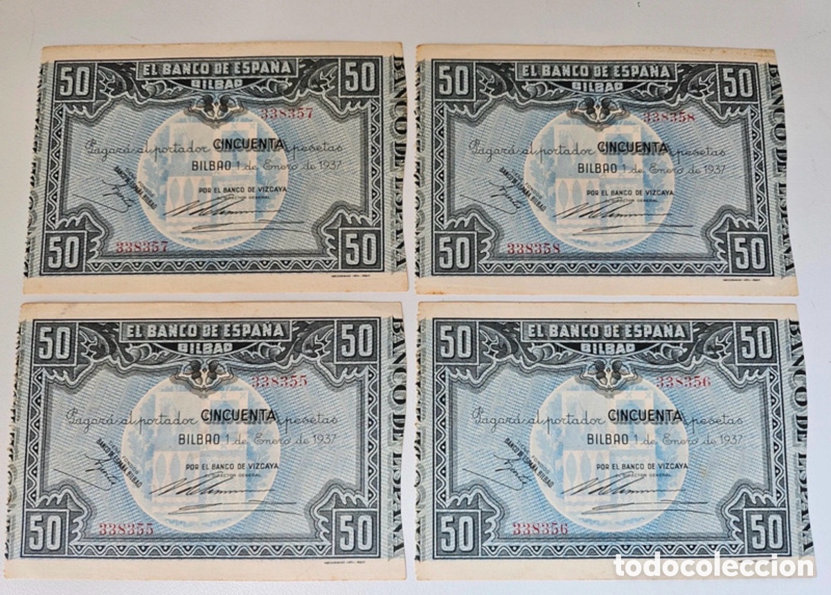 Billetes espa&ntilde;oles: Lote 4 Billetes 50 Pesetas 1937 Bilbao &ndash; Correlativos &ndash; EBC