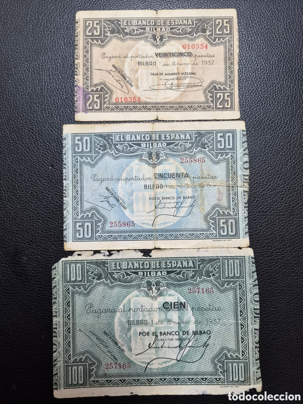 Spanische Banknoten: Lote 100 50 y 25 pesetas 1937 Bilbao