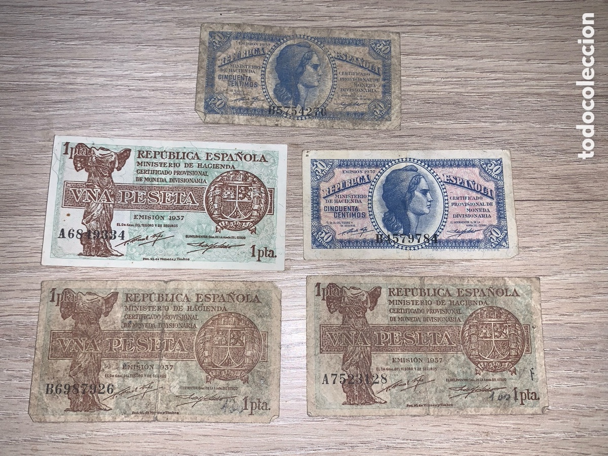 Billetes espa&ntilde;oles: Lote x5 Billetes Rep&uacute;blica Espa&ntilde;ola 1937