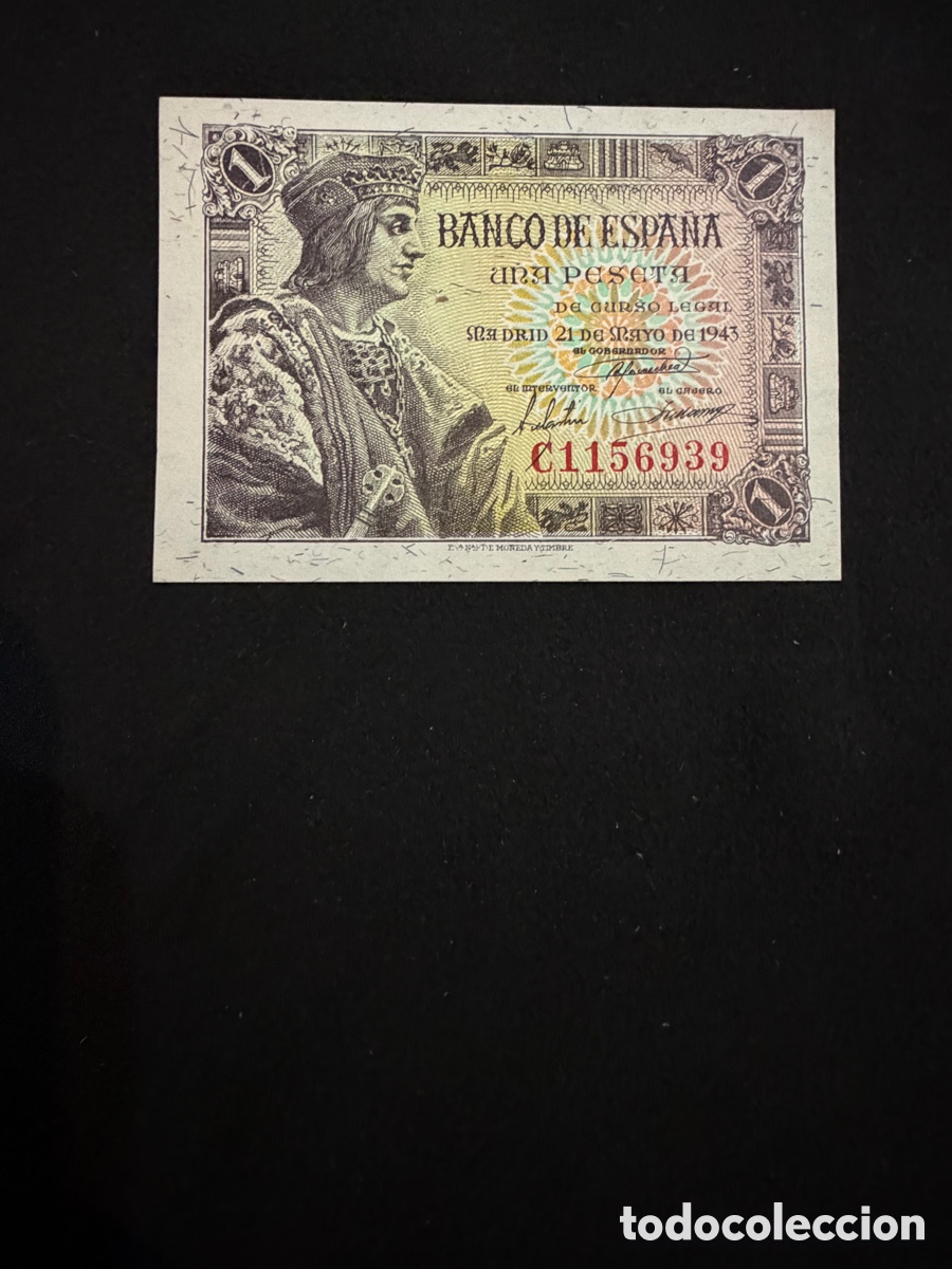 Notas espanholas: Billete 1 PESETA de 1943 - Serie C. MBC. (FERNANDO EL CAT&Oacute;LICO)