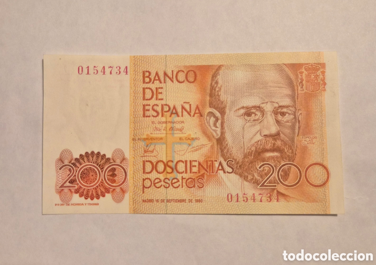 Billetes espa&ntilde;oles: Billete 200 Pesetas 1980 &ndash; Leopoldo Alas &ldquo;Clar&iacute;n&rdquo; &ndash; Sin circular Espa&ntilde;a