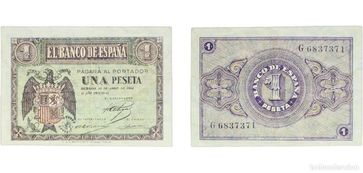 Billetes espa&ntilde;oles: Spain Nationalist Government 1938 1 Peseta (Bank of Spain, 30 de Abril) Paper (118000000) VF P 108a