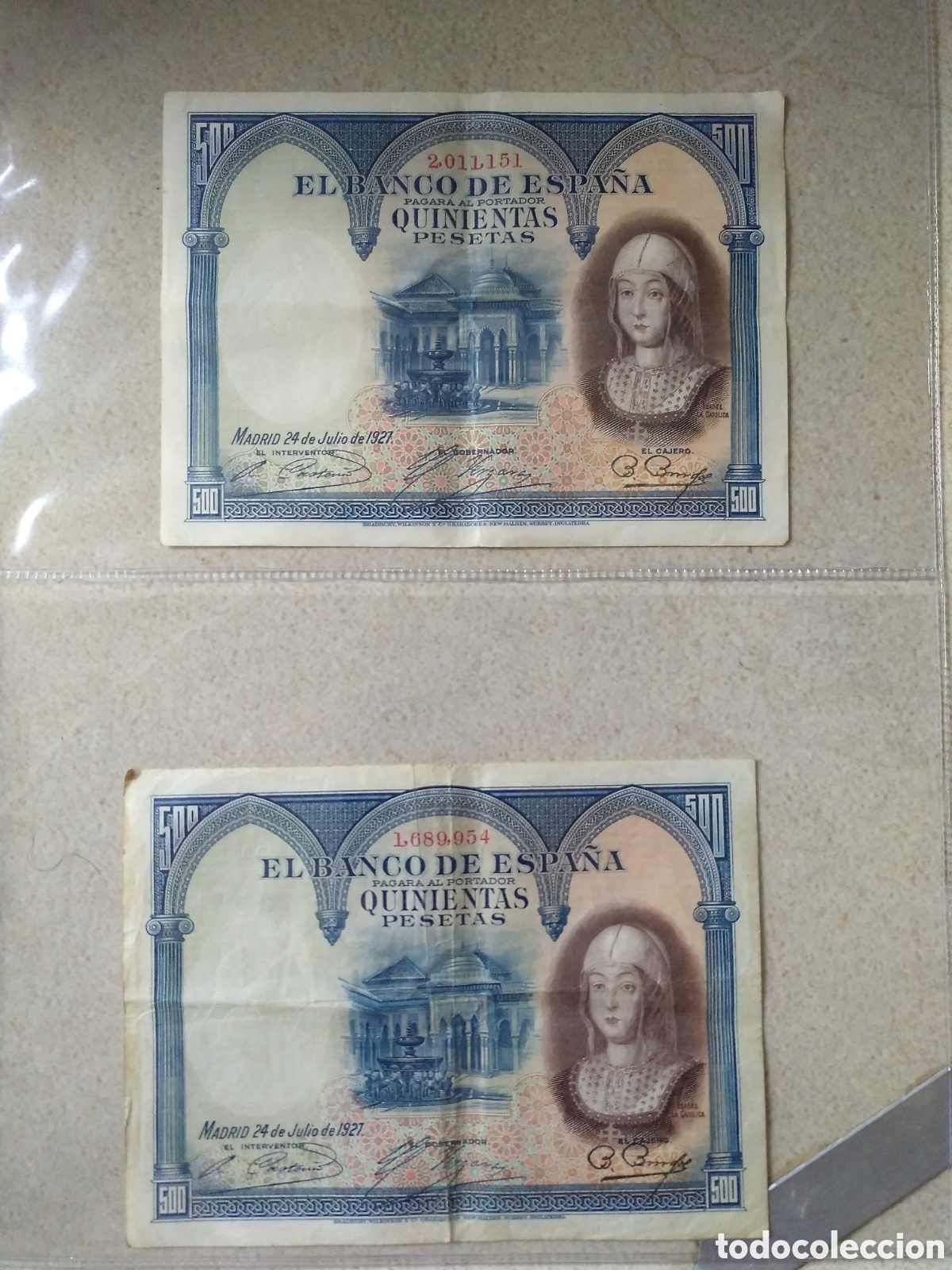 Billetes espa&ntilde;oles: 2 BILLETES DE 500 PESETAS DEL 24 DE JULIO DE 1927 ISABEL LA CAT&Oacute;LICA