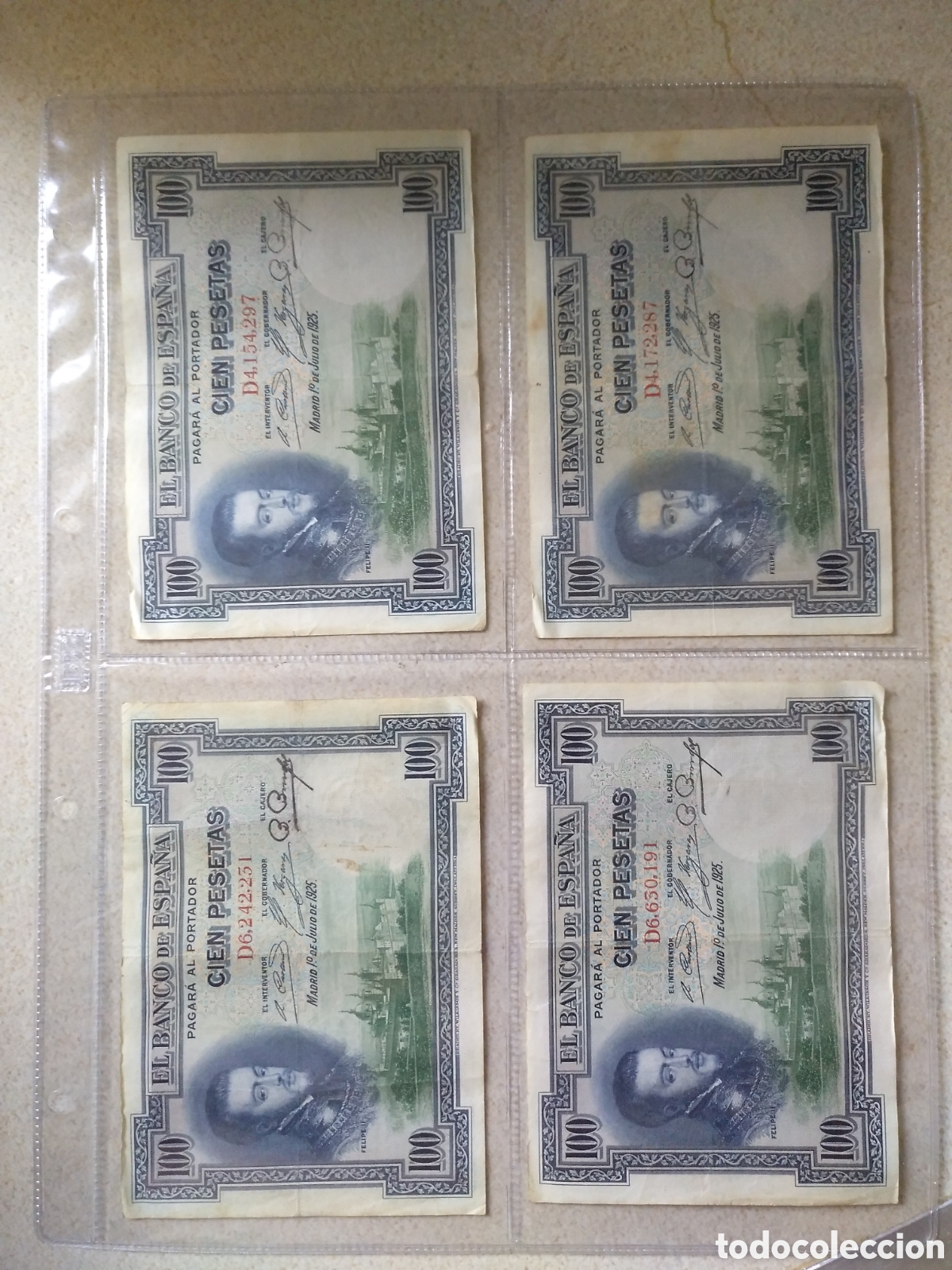 Billetes espa&ntilde;oles: 4 BILLETES DE 100 PESETAS DEL 1 DE JULIO DE 1925