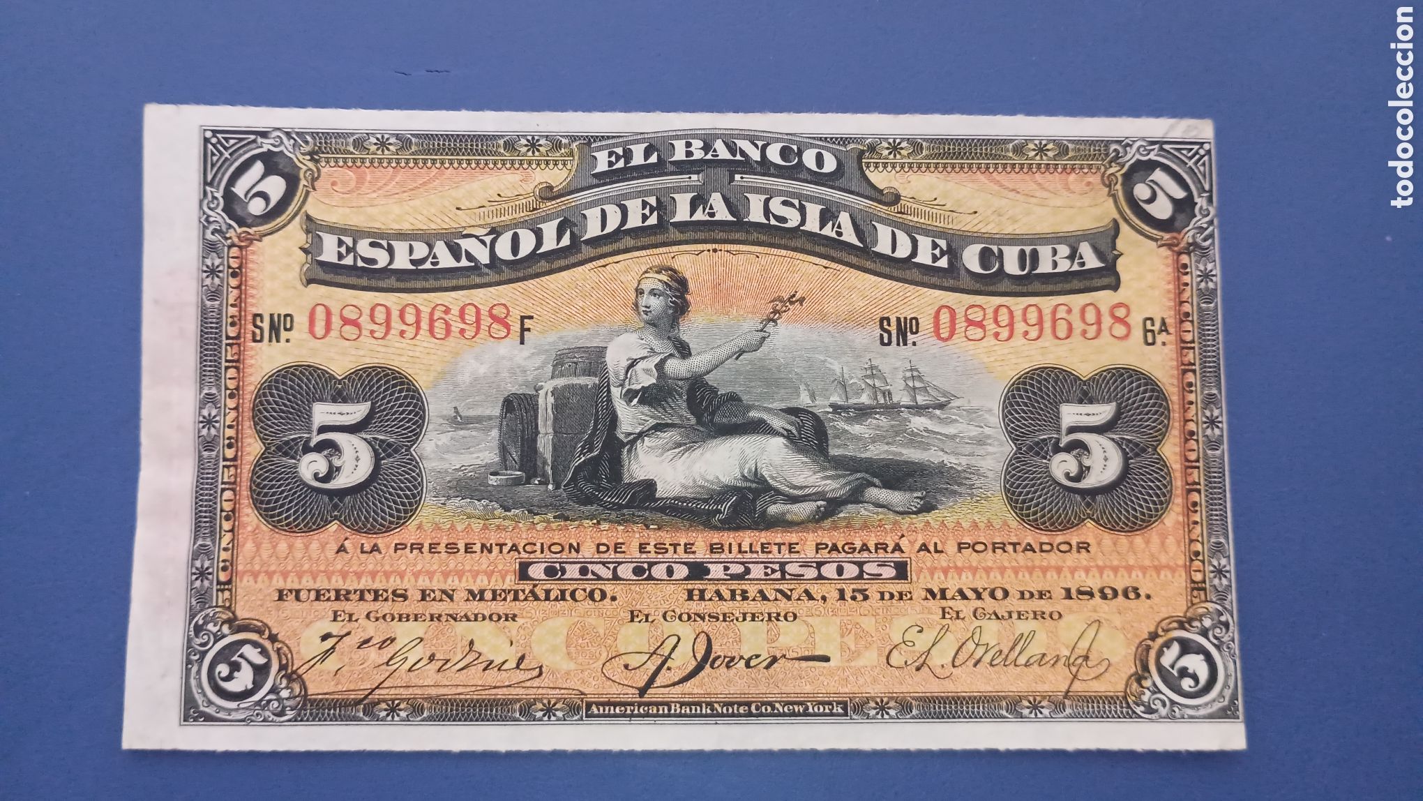 Banconote spagnole: BANCO ESPA&Ntilde;OL DE CUBA 1896 - 5 PESOS FUERTES - PLATA - BILLETE ORIGINAL