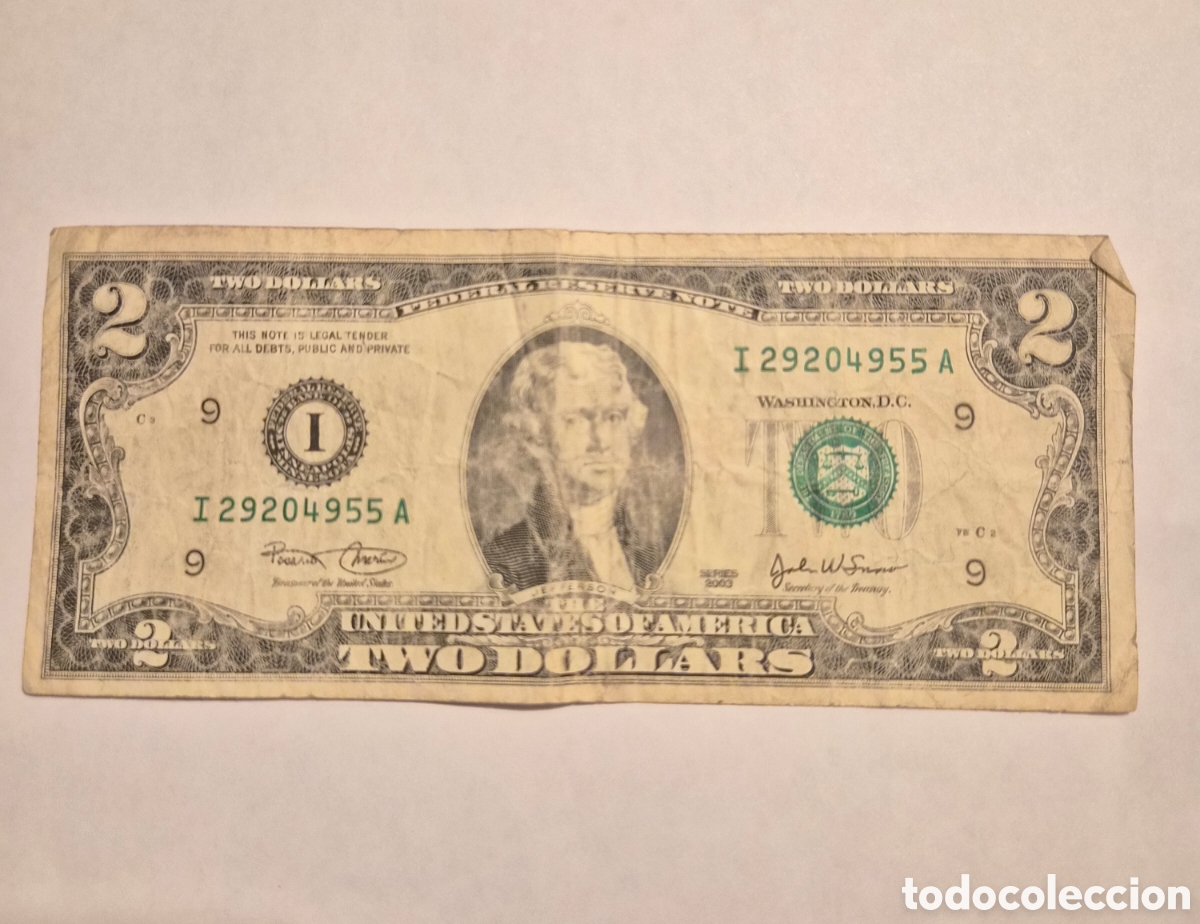 Billetes espa&ntilde;oles: Billete 2 D&oacute;lares Estados Unidos 2003 A &ndash; Thomas Jefferson &ndash; Federal Reserve Note