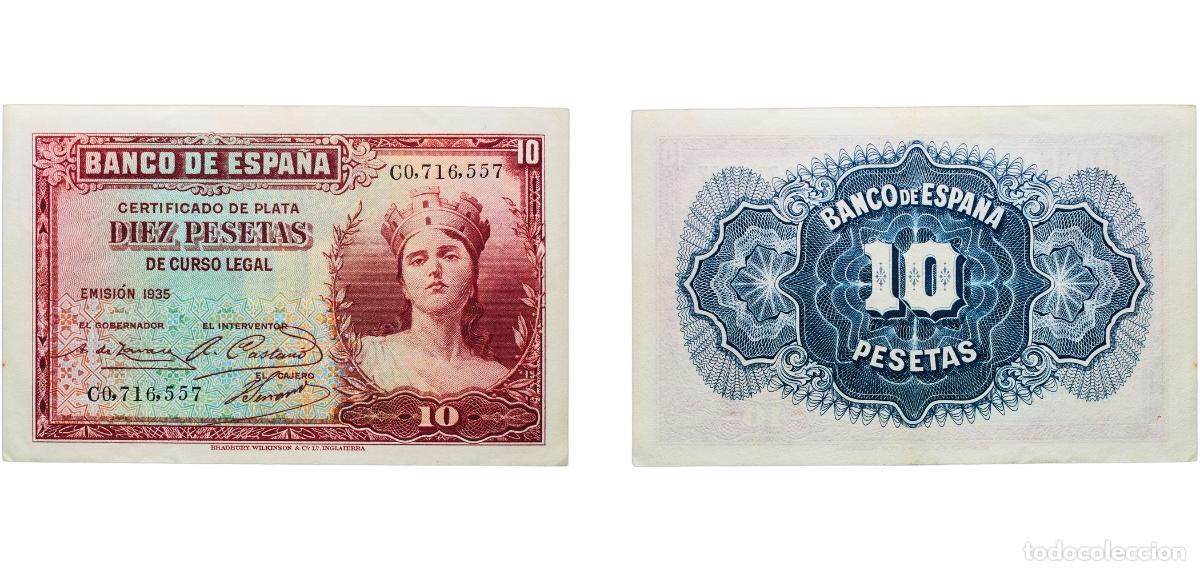 Billetes espa&ntilde;oles: Spain Second Republic 1935 10 Pesetas (Silver Certificate) Paper AU P 86a