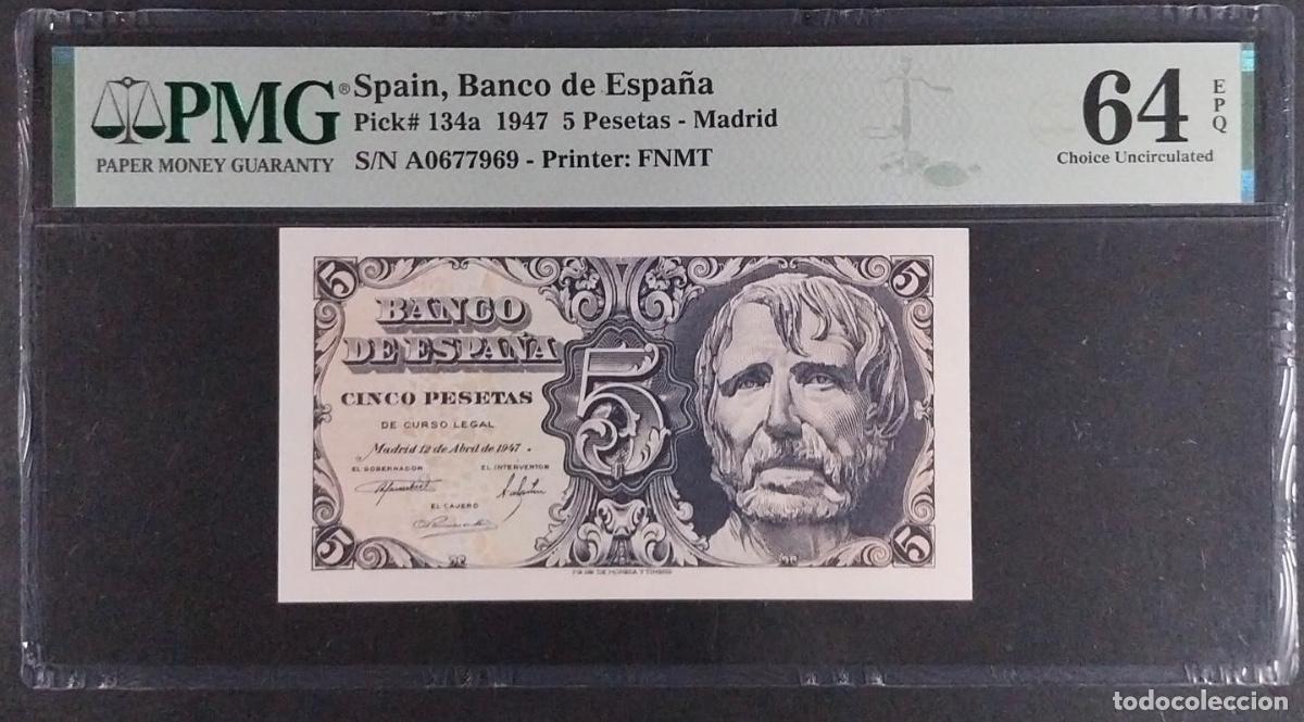 Billetes espa&ntilde;oles: 5 PESETAS 1947 SERIE A SENECA PMG EPQ 64 SC