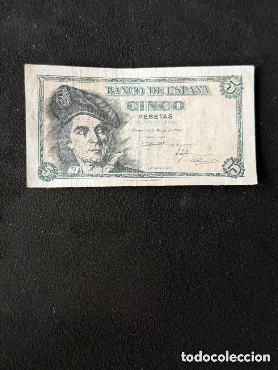 Notas espanholas: Billete de 5 PESETAS de 1948- Serie E- Bonito y escaso