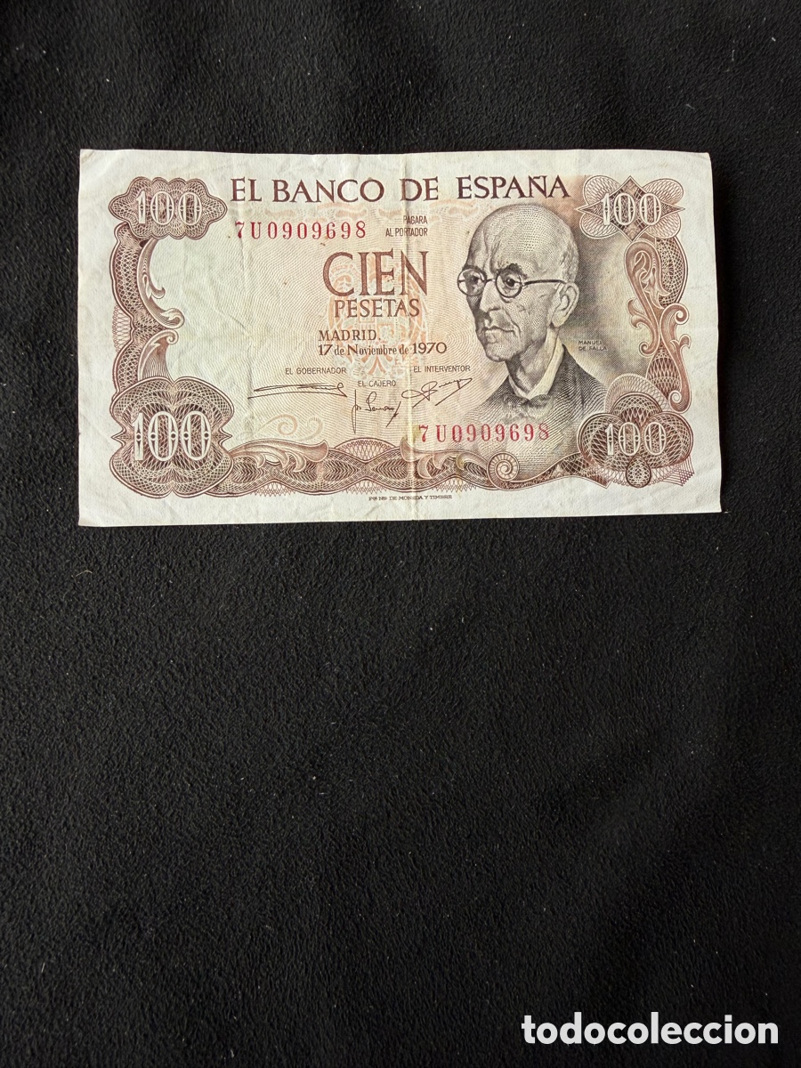 Billetes espa&ntilde;oles: Billete de 100 PESETAS de 1970- Serie 7U- MANUEL DE FALLA