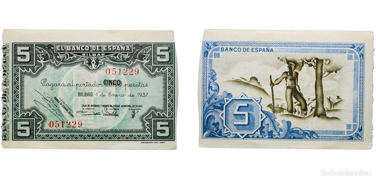 Billetes espa&ntilde;oles: Spain Bilbao, Municipality of Second Republic 1937 5 Pesetas (Banco de Espa&ntilde;a - Bilbao) Paper AU P