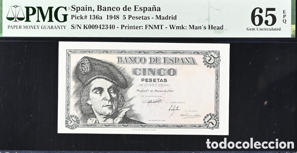 Billetes espa&ntilde;oles: Billete 5 PESETAS 1948 -ELCANO- PMG 65 EPQ, serie K