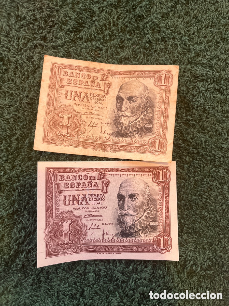 Notas espanholas: 2 Billetes 1 peseta 1953 Luis Vives &ndash; Banco de Espa&ntilde;a