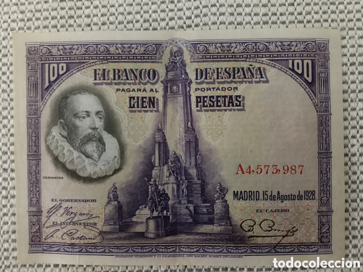 Billetes espa&ntilde;oles: Billete 100 Pesetas 1928 (Cervantes) - Banco de Espa&ntilde;a Original Serie A