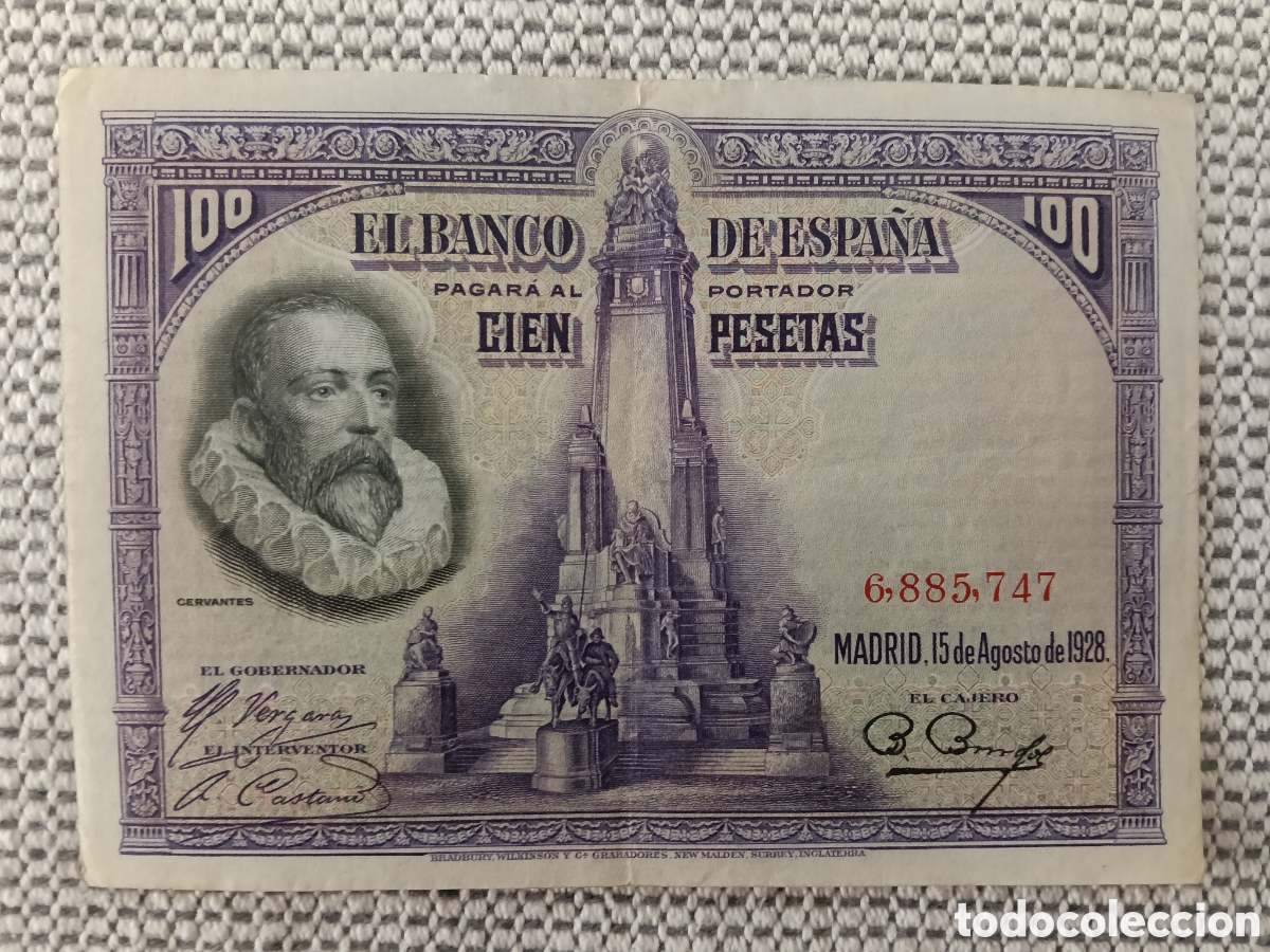 Billetes espa&ntilde;oles: Billete 100 Pesetas 1928 (Cervantes) - Banco de Espa&ntilde;a Original Sin Serie + Regalo Billete