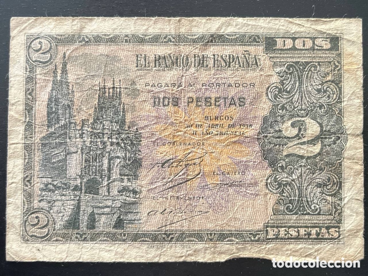 Billetes espa&ntilde;oles: Billete original de 2 pesetas del Banco de Espa&ntilde;a, emitido en Burgos el 30 de abril de 1938.