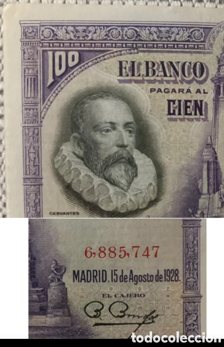 Billetes espa&ntilde;oles: Billete 100 Pesetas 1928 (Cervantes) - Banco de Espa&ntilde;a Original Sin Serie + Regalo Billete