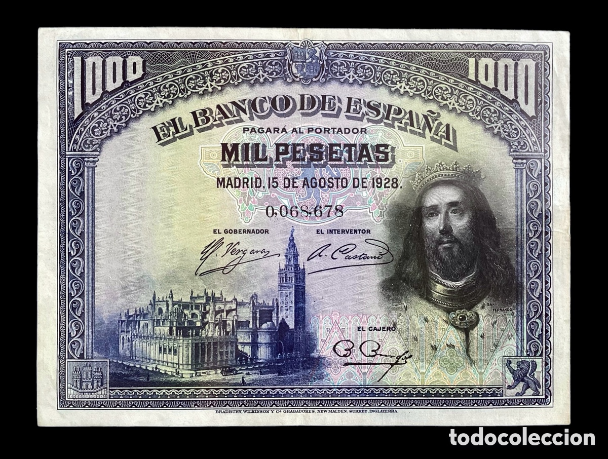 Spanische Banknoten: 1000 PESETAS 1928 - SAN FERNANDO- N&Uacute;MERO BAJO - BANCO DE ESPA&Ntilde;A